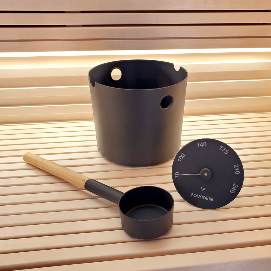 SaunaLife Accessory Package 6 - Aluminum 1-Gallon Sauna Bucket Set with Wood Ladle and Thermometer - White